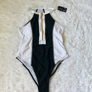 NWT Bikinx Black And White Zippered Front High Neck One Piece Swimsuit Size M